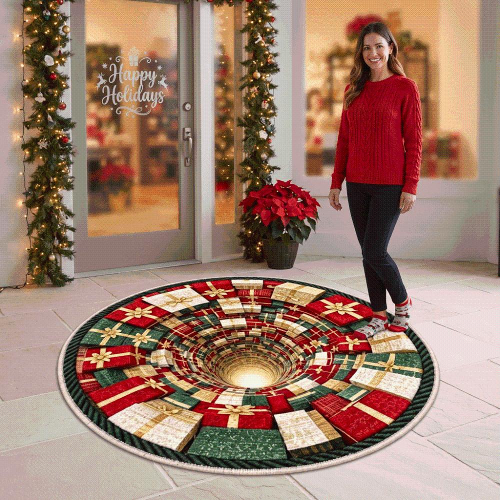 Bottomless Pit Christmas Round Rug 2D Flat Optical Delusion Doormat  Festival Present