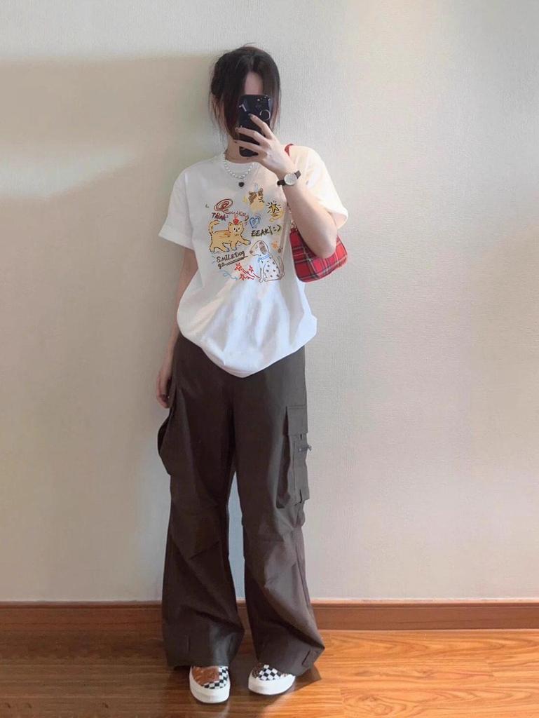 Женская летняя свободная повседневная футболка большого размера с американским мультяшным принтом, короткий рукав