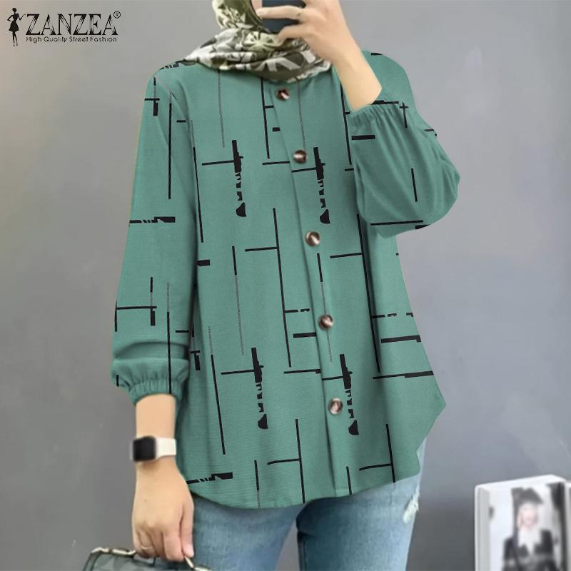 ZANZEA Женская повседневная блузка с длинным рукавом и круглым вырезом в стиле ретро с принтом