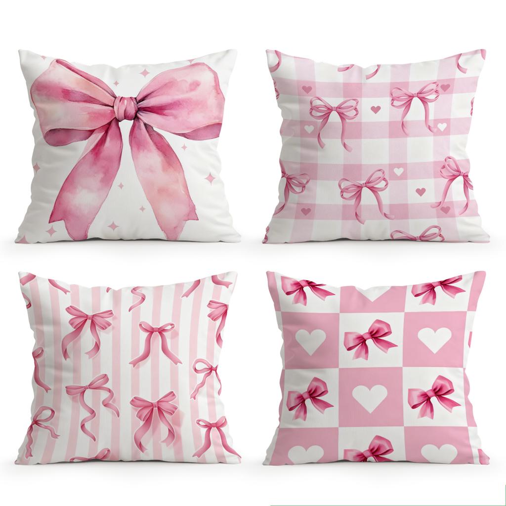 4 Pcs Pink Bow Single-Sided Printed Pillowcase Cushion Cover,Suitable For Living Room,Bedroom,Car Decoration
