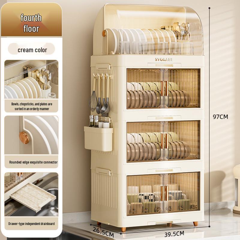 Foldable Multi-Layer Plastic Storage Cabinet with Lid - Organize Bowls, Plates, Baby Bottles, and Cups Dust-Free