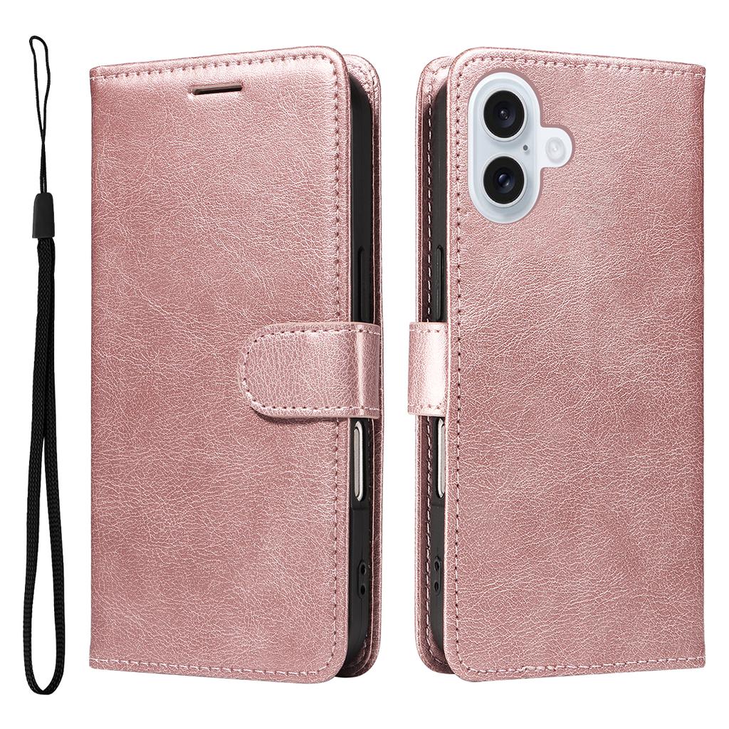For iPhone 17 Leather Wallet Case with Strap Solid Color Phone Stand Cover