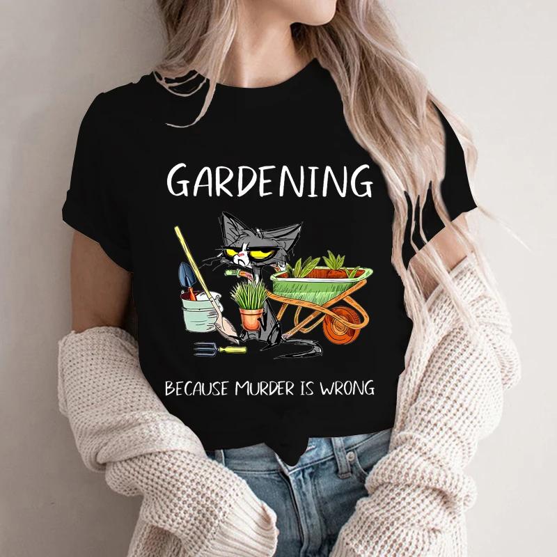 Women's T-shirts Gardening Because Murder Is Wrong Shirt Black Cat Tshirts Funny Cat Tees Gardening Lover Shirts Sarcastic Tees
