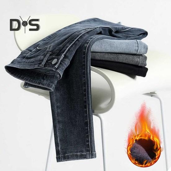 Women Winter Plush Jeans High Waist Thick Velvet Lined Slim Fit Pencil Pants Button Zipper Closure Pockets Straight Leg Trousers for Street to Party
