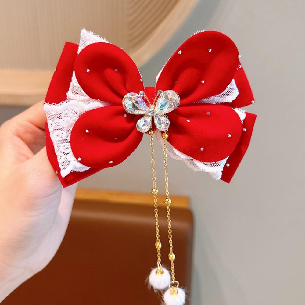 Velvet Ribbon Hair Clips Red Shiny Velvet Hairpins New Year Red Bow Hairpin Little Girls