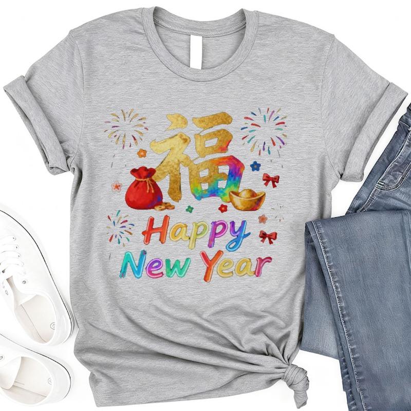 Happy Chinese Neon Printed Cotton TShirt Lunar New Year Adult Lucky Fu Festival Unisex Crewneck Casual Style Shirt