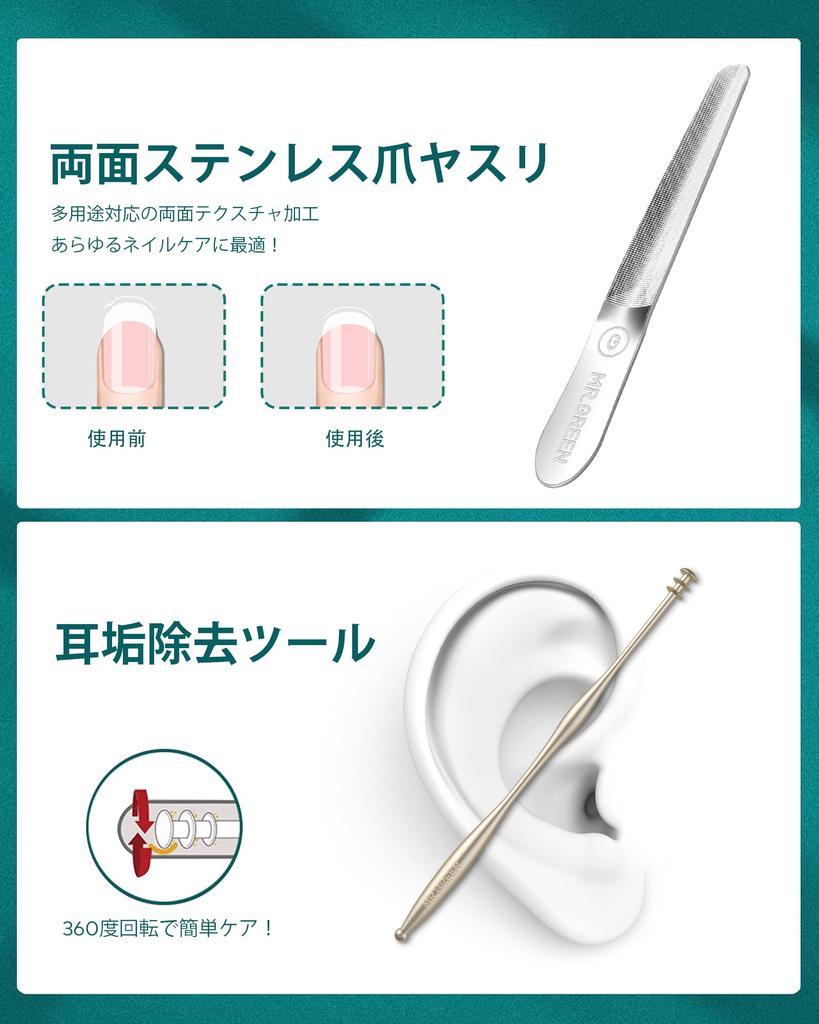MR.GREEN Набор из 5 предметов для ухода за ногтями из нержавеющей стали: Ультратонкие складные кусачки для ногтей, пилочка для ногтей, пинцет для бровей, ушная палочка и триммер для носа