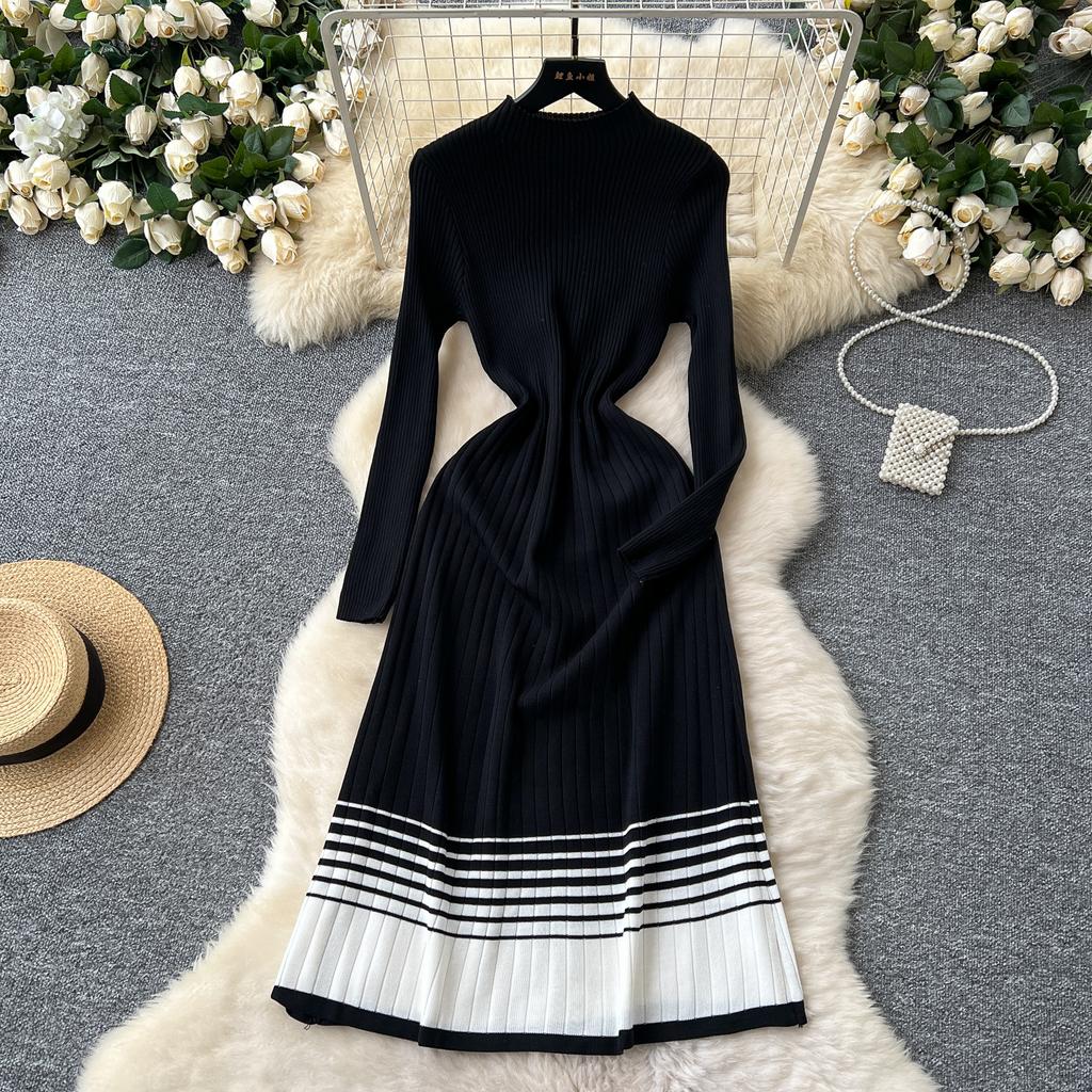 Spring Autumn Women Elegant O-neck Striped Knitted Sweater Long Midi Pullover Dresses