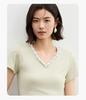 Qianwen Fashion Romantic T-shirt 2025 Summer New Exquisite Pattern Design V-neck Waist Strap Top