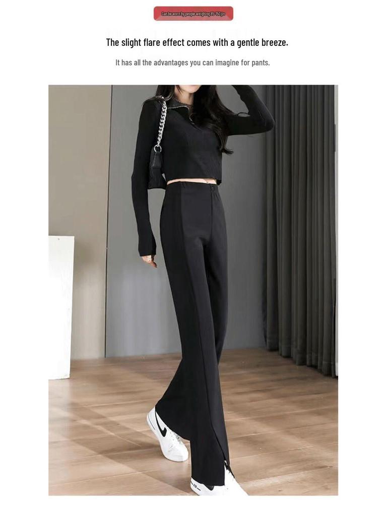 2026 Women's High-Waisted Flowing Black Micro-Flare Wide-Leg Trousers with Slit