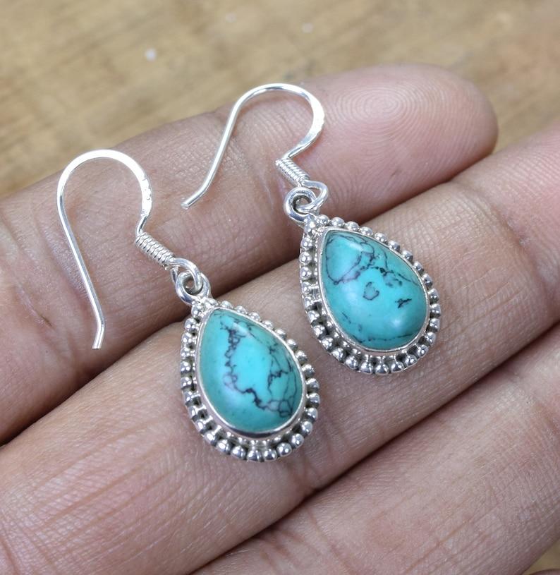 Solid 925 Sterling Silver Blue Copper Turquoise Pear Gemstone Handmade Designer Women Dangle Earrings