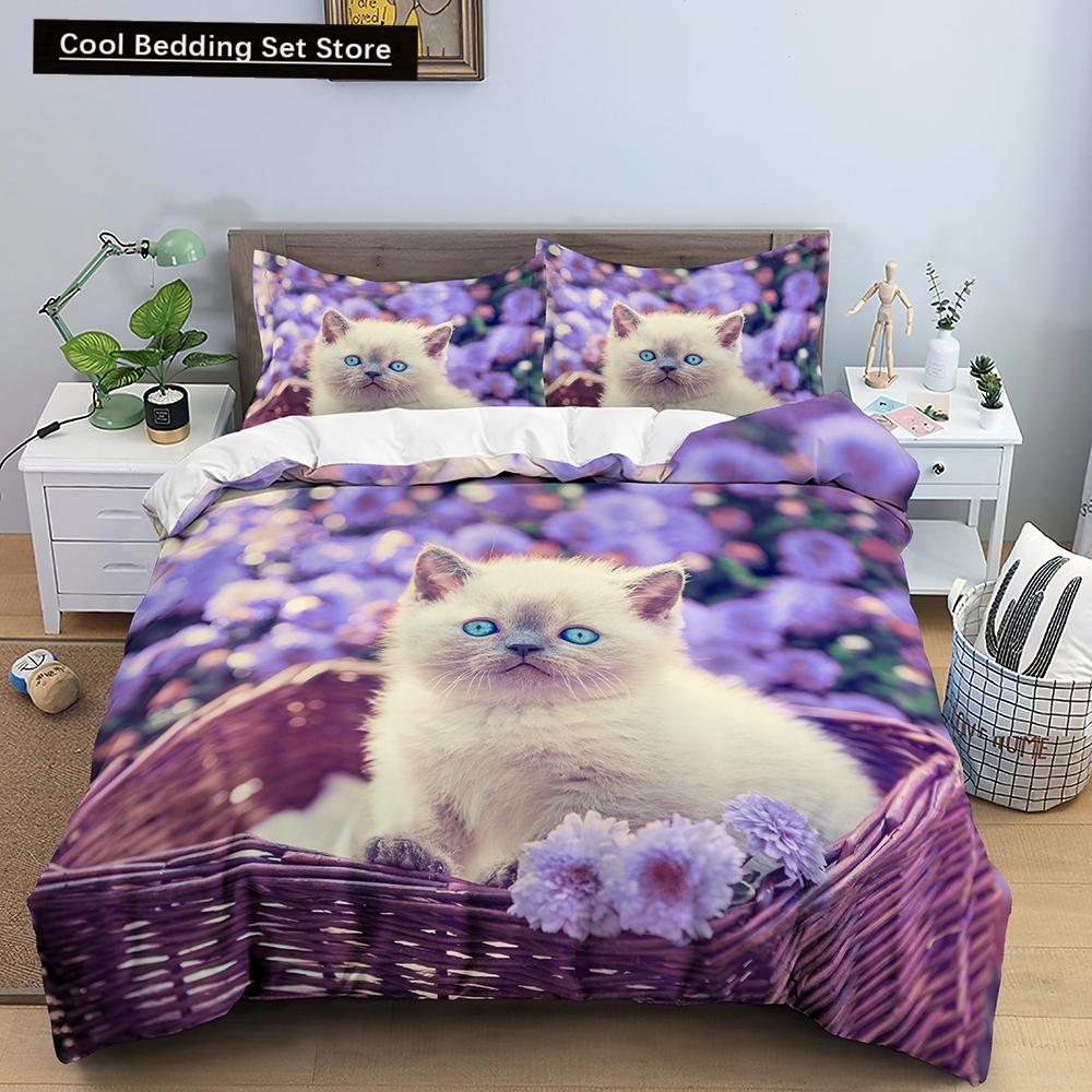 White Cat King Queen Duvet Cover Kawaii Pet Kitty Bedding Set for Kids Teens Adults Family Animal 2/3pcs Polyester Quilt Cover