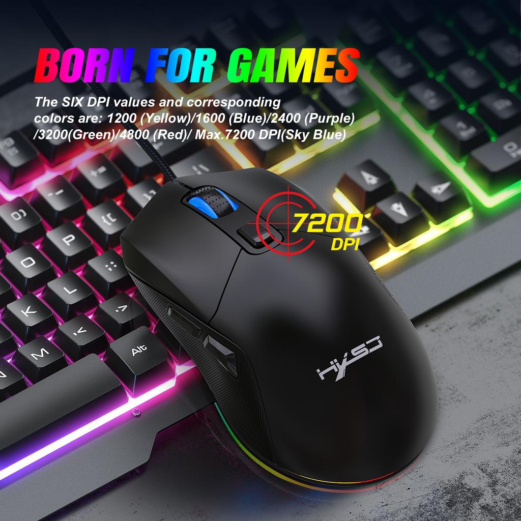 Игровая мышь HXSJ X300 RGB с подсветкой, эргономичная, 6-кнопочная, программируемая, с возможностью записи макросов и настройки скорости колесика 7200 точек на дюйм