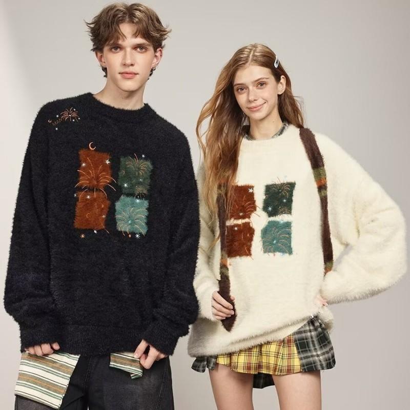 2026 Korean Chic Vintage Plaid Print Color Block Loose Fit Mink Fleece Long Sleeve Knit Sweater Women