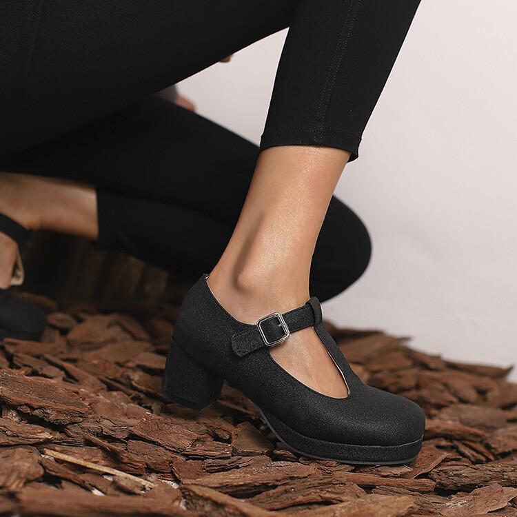 Женские туфли-лодочки на толстом высоком каблуке с круглым носком и Т-образной завязкой с пряжкой для вечеринки, лаконичная модная весенне-осенняя обувь, белый, синий, зеленый, фиолетовый