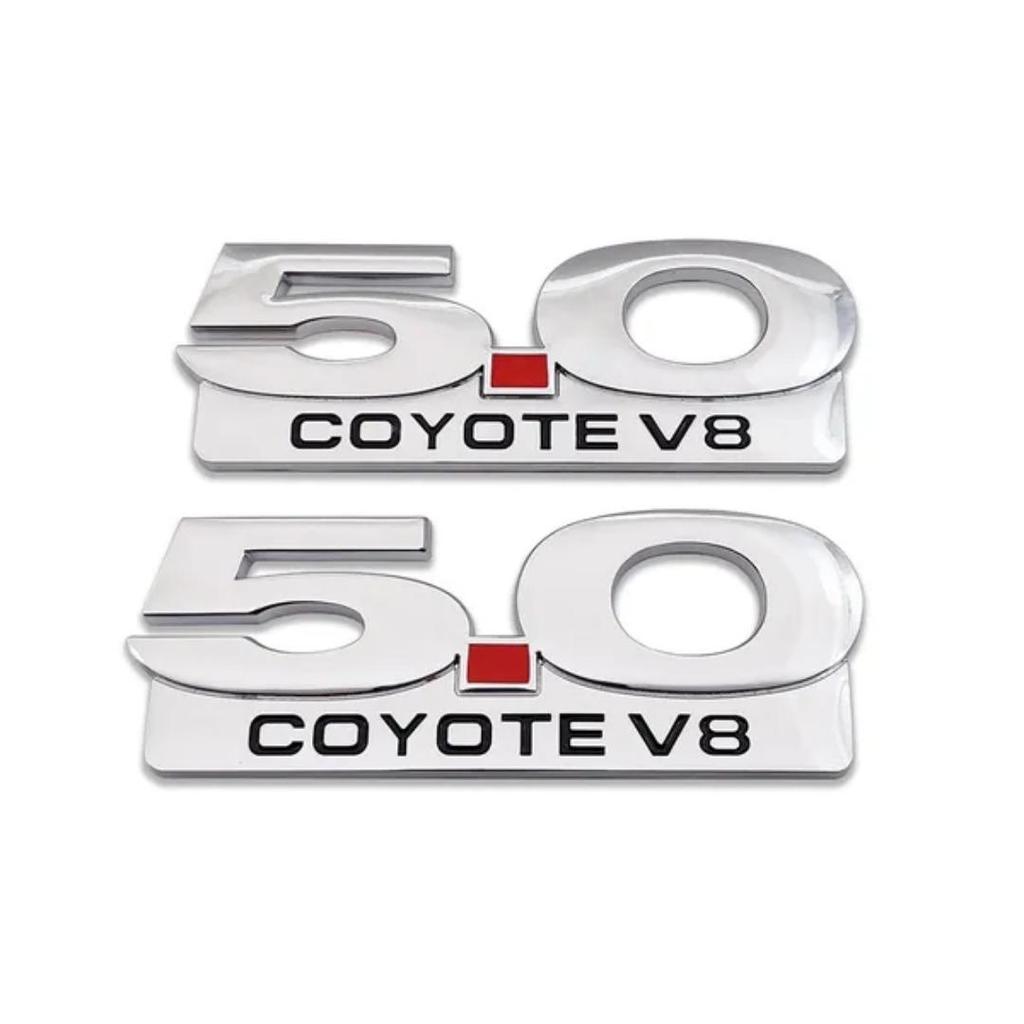 2X Chrome Metal 5.0 COYOTE V8 Logo Emblem 5.0L Badge 3D Side Fender Sticker Car Decal Fit For M/ustang GT