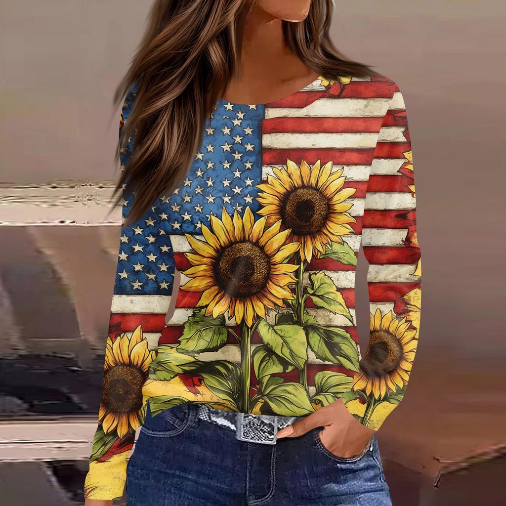 Women's Fashion Slit Hem Independence Day Printed Round Neck Long Sleeve Top