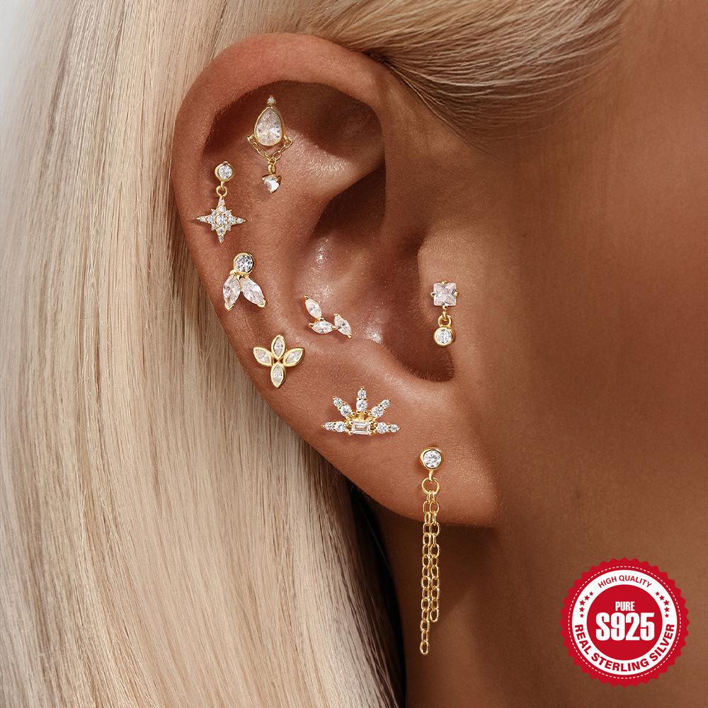 S925 Tremella Decoration Женские серьги-гвоздики из стерлингового серебра с простым темпераментом и маленьким цирконием с плоским дном Серьги-подвески с темпераментом