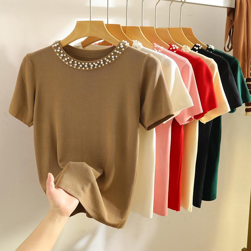 Women's Summer Design Knit T-Shirt Solid Color Short Sleeve Simple Top