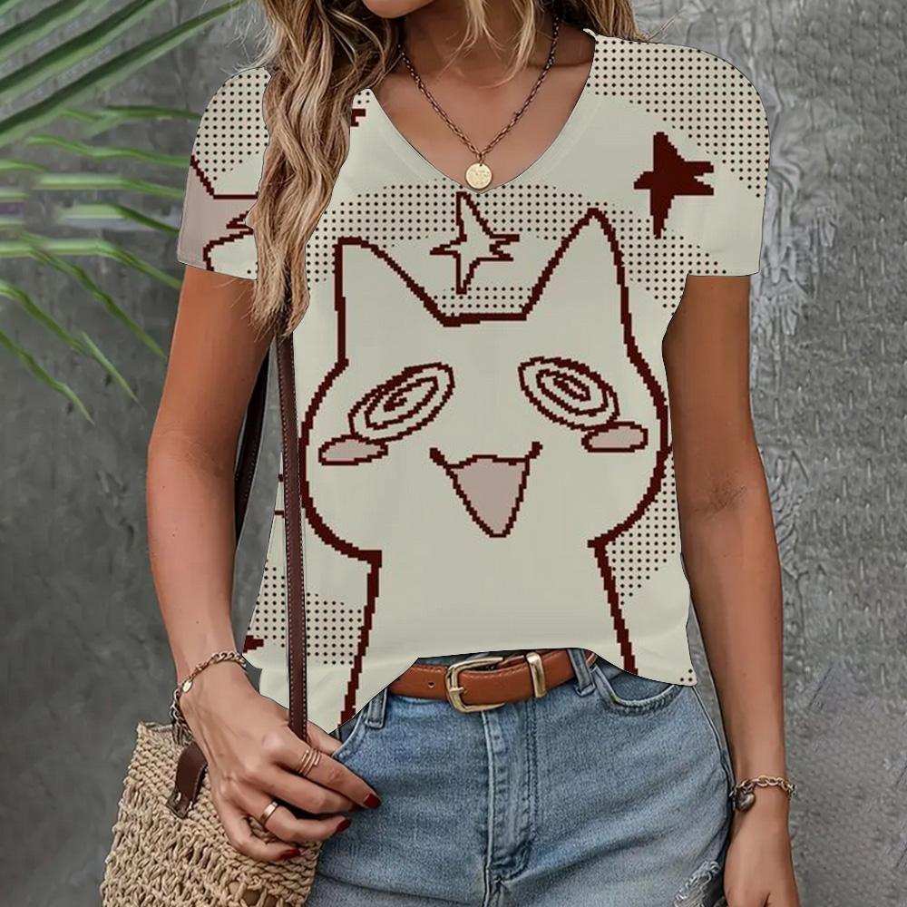 Футболка с рисунком кошки, женская одежда, модный топ с V-образным вырезом, летняя, новая, свободная, с коротким рукавом, повседневная, элегантная женская футболка