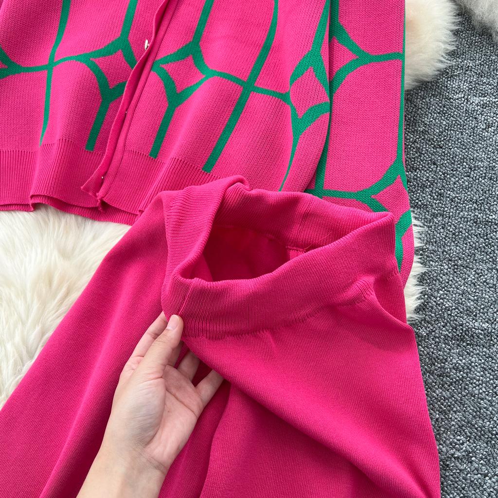 Модные базовые трикотажные костюмы женские однобортные кардиганы с принтом + широкие брюки с высокой талией, однотонный свитер, комплект из 2 предметов