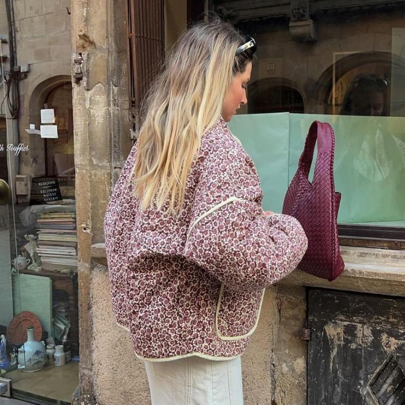 Зимние пальто Женская верхняя одежда Укороченная стеганая куртка Тренд Легкий цветочный принт Длинный рукав Утепленный стеганый кардиган Пальто