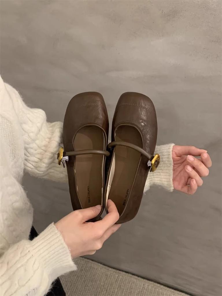 Овчина версия 2025 весна новая обувь Мэри Джейн на мягкой подошве женская для работы универсальная на плоской подошве с круглым носком с мелким вырезом ремешок на одно слово одинарная