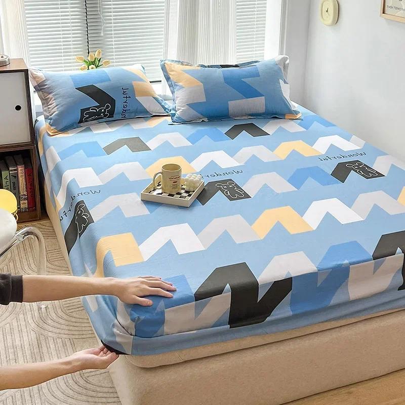 Зеленый клетчатый узор Набор простыней на резинке Любовь Сердце Защитный чехол для матраса 3 предмета Хлопковый постельный комплект Дышащий, приятный для кожи