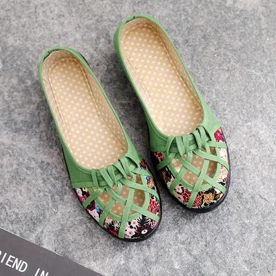 Весенне-летняя тканевая обувь, женские нескользящие туфли с открытой спинкой и мягкой подошвой, сандалии без шнуровки на плоской подошве большого размера с принтом