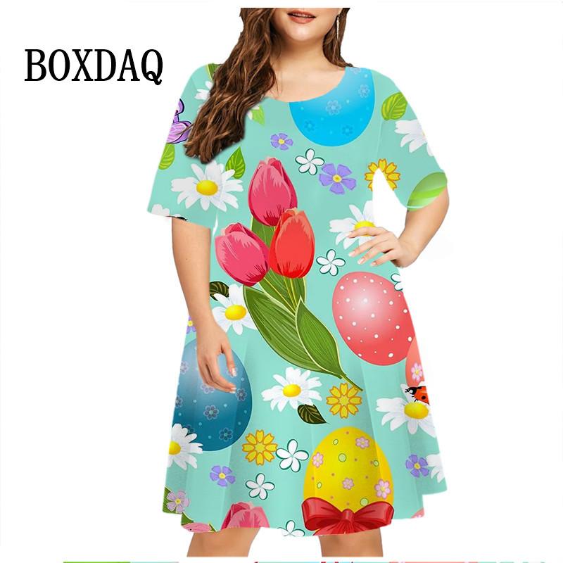 3D Cartoon Rabbit Print Dress Easter Egg Dress Women Short Sleeve Fashion Kawaii Casual Dresses Party Oversized Women Clothing