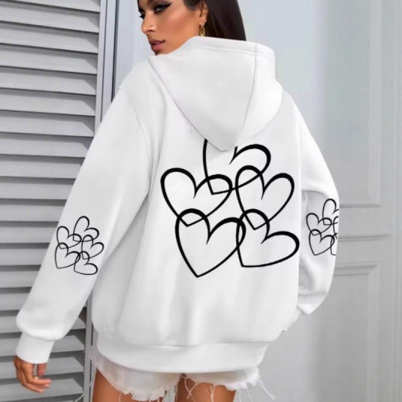 Korean Style Hooded Zip-Up Sweatshirt Women Oversized Printed Long Sleeve Pullover Winter Warm Fleece Lined Casual Top