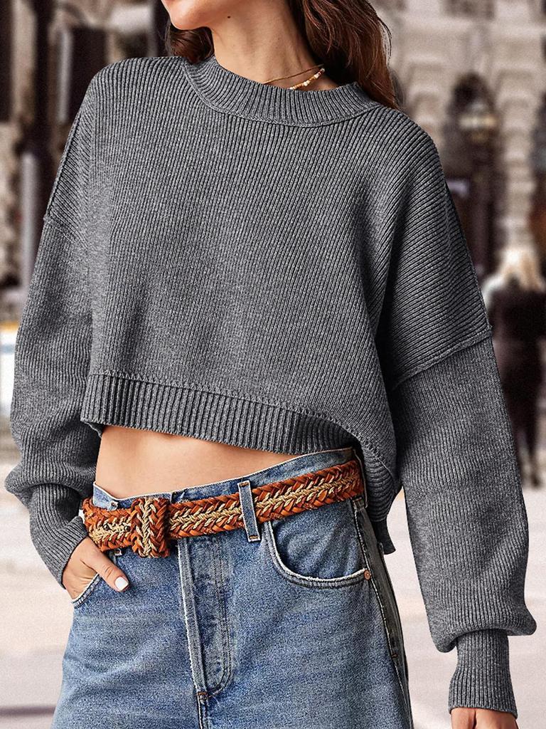 Fashion Solid Color Loose Pullover Round Neck Long Sleeve Knitted Sweater Women