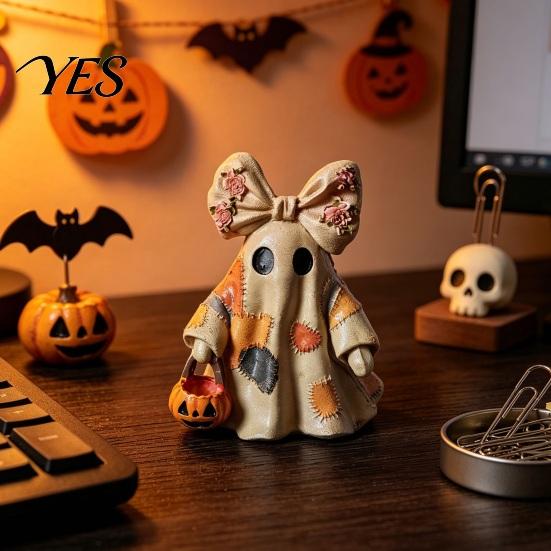 Warm Glow Decoration Light Halloween Lighted Patchwork Ghost Figurine, Light-Up Bow with Pumpkin Vintage Figurine Lantern, Ghosts Lamp for Holiday
