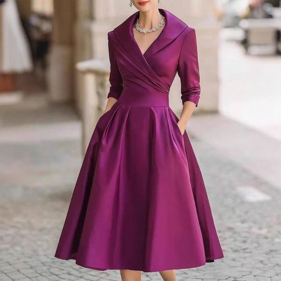 Women's Lapel V Sleeve A Line Neck Work Dress Long Swing Dress Formal Business
