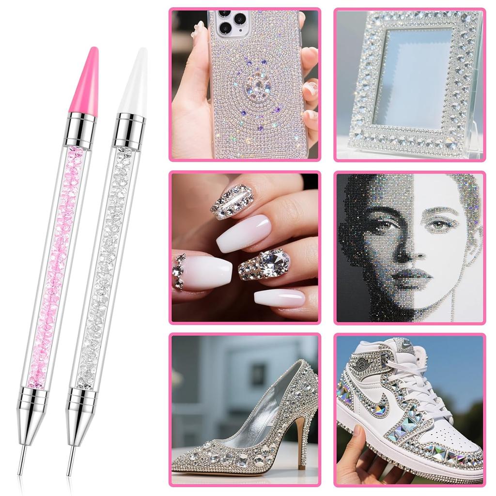 Rhinestone Picker Tool, 2-Pack Diamond Painting Dotting Pen with 6 Extra Wax Tips & Precision Tweezer, Wax Pencil for Rhinestones, Nail Art DIY Kit