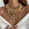 Accessories Sweet Cross Pendant Diamond Multi-layer Necklace Fashion Temperament Beaded Collarbone Chain Collar
