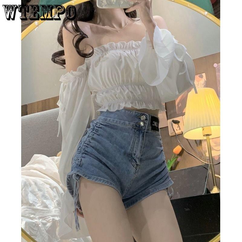Pure Desire Slash Neck Women Blouse Fold Agaric Edge Slim Elastic Waist High Waist Navel Exposed White Cropped Top Hotsweet