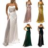 Lady Evening Dress Bandeau Off Shoulder Sleeveless Pleated Knot Mesh Patchwork Shiny Sequin Ball Gown Satin Floor Length Banquet Prom Maxi Dress