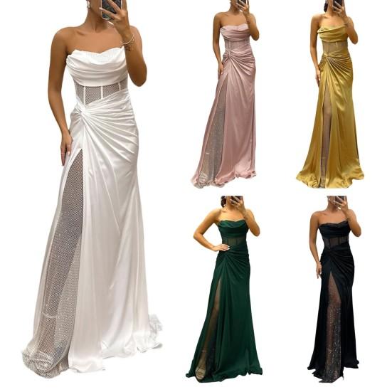 Lady Evening Dress Bandeau Off Shoulder Sleeveless Pleated Knot Mesh Patchwork Shiny Sequin Ball Gown Satin Floor Length Banquet Prom Maxi Dress