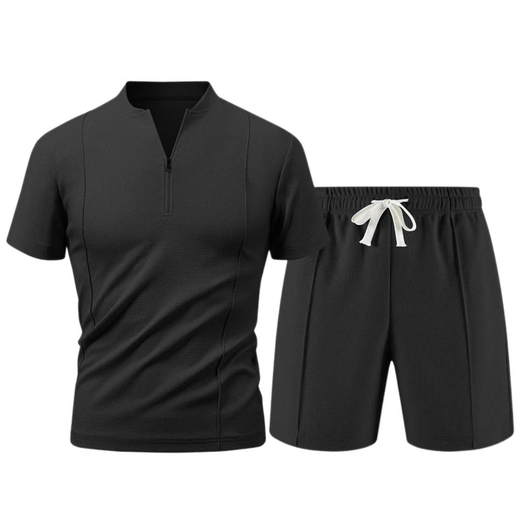 Мужской летний спортивный комплект: футболка с коротким рукавом на молнии, шорты, повседневные брюки-двойка