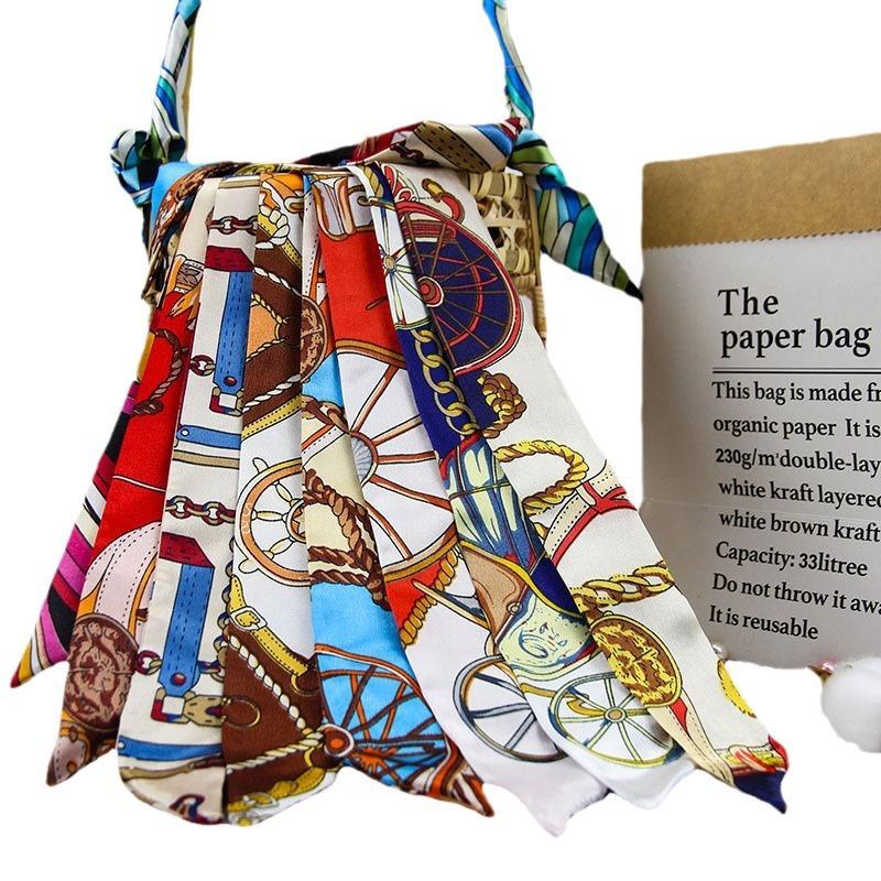 Шелковый шарф, завязанный сумочкой, завязанный бант для волос, длинная повязка на голову, серпантин, маленький шелковый шарф, подарочная коробка, подарочный ремешок