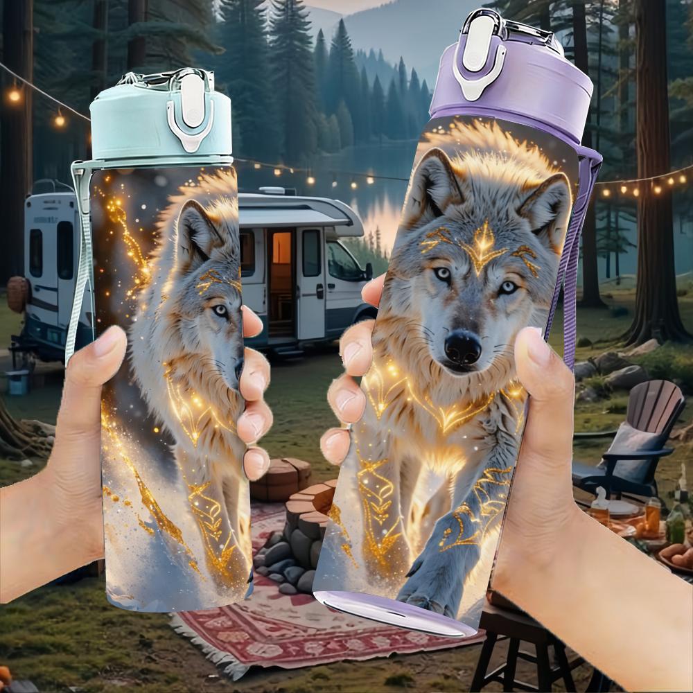 1PC Golden Glowing Wolf Head Bust 750ml Color Plastic Water Bottle Leakproof Flip Straw Lid For Sports Office Home Use