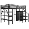 Loft Bed 140*200cm, Three-Layer Storage Shelf, Desk, Wardrobe, Safety Steps with Storage Compartment, High Fence Design, Iron Bed, Single Bed, Black