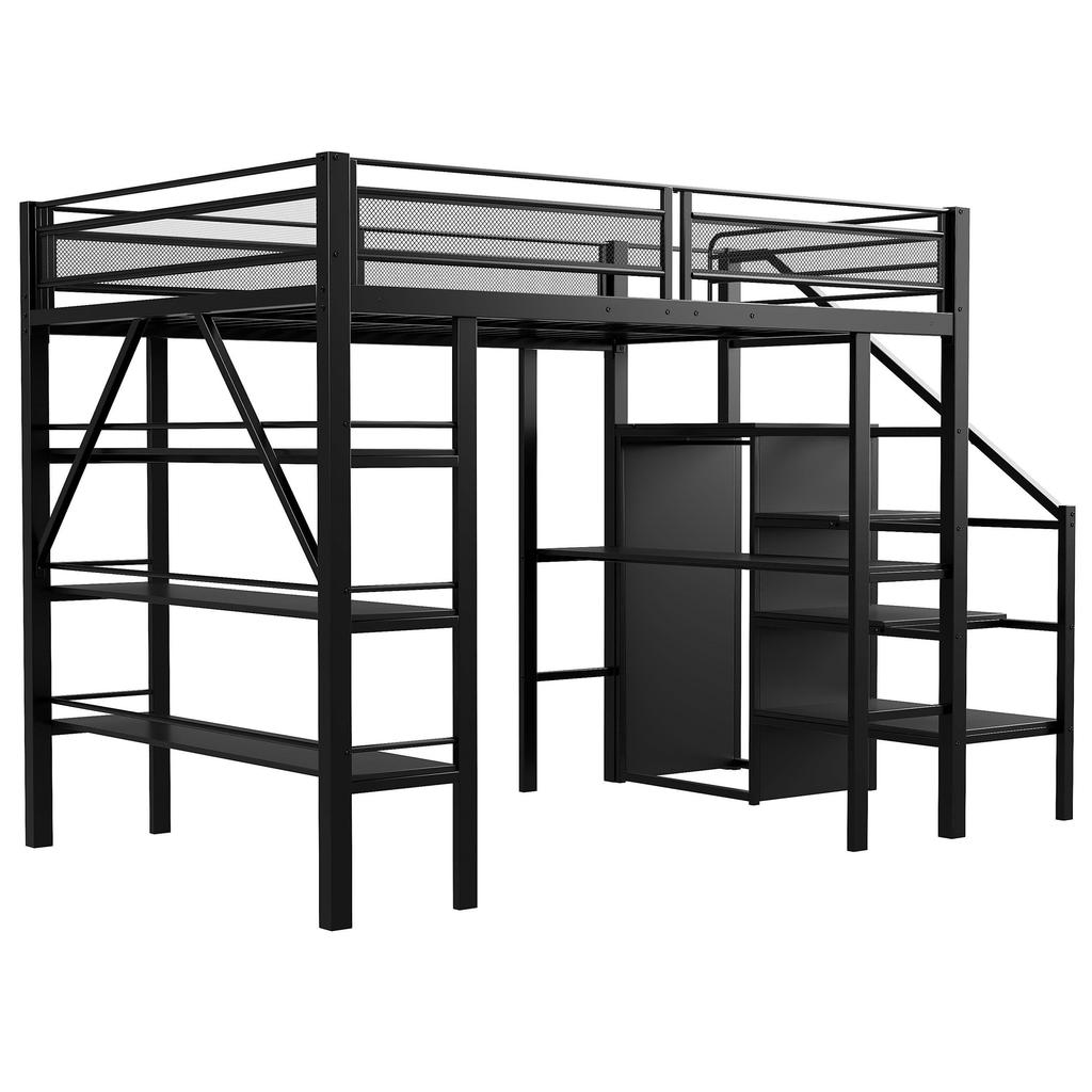 Loft Bed 140*200cm, Three-Layer Storage Shelf, Desk, Wardrobe, Safety Steps with Storage Compartment, High Fence Design, Iron Bed, Single Bed, Black