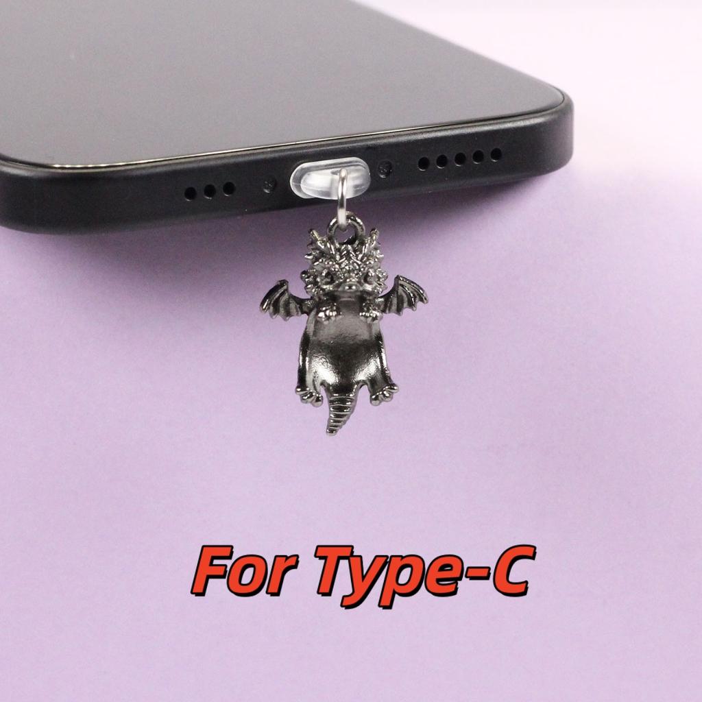 Mobile Phone Dust Plug In Deep Silver Color with Small Flying Dragon Pendant and Decoration, Suitable for IPhone Type-C Interface, Gift Trinket