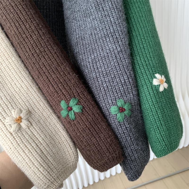 Женский ретро-свитер с цветочной вышивкой для осени и зимы, свободный и ленивый стиль, высококачественный корейский трикотаж
