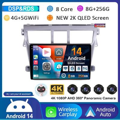 Android 14 Carplay Автомагнитола для Toyota Vios Yaris 2007 2008 2009 2010 2011 2012 Мультимедийный Видеоплеер 4G WIFI GPS Стерео