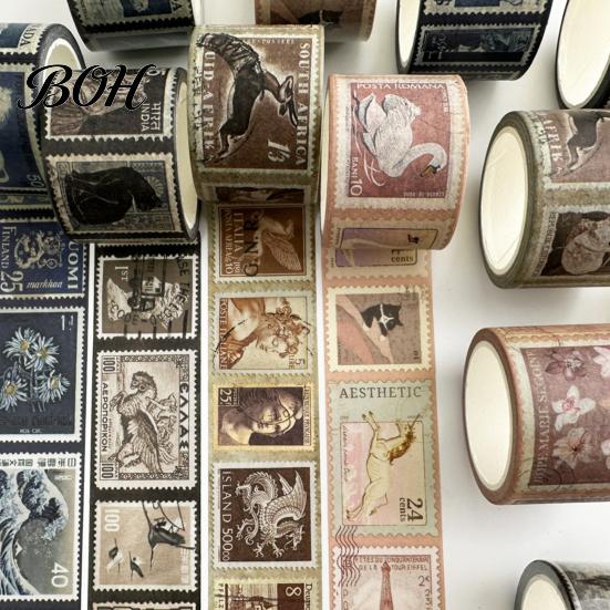 Retro Adhesive Tape Vintage Stamp Washi Roll, Aesthetic Decorative Masking Tape, for DIY Art Crafts, Journaling Scrapbooking Supplies Planner