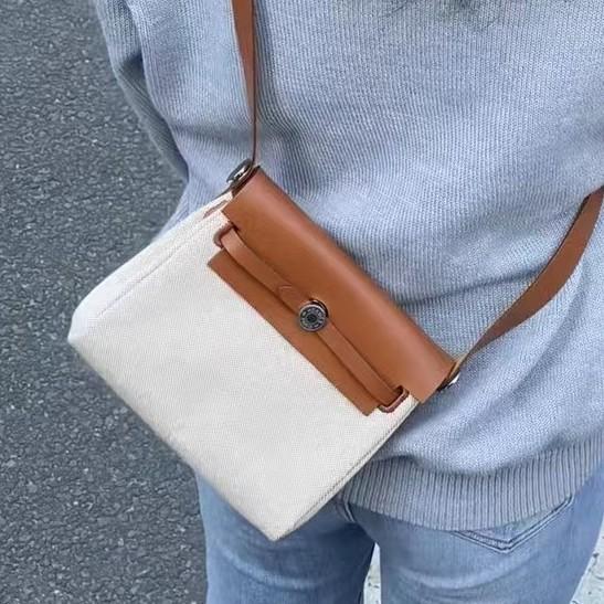 2025 Новинка 22 см сумка из коровьей кожи с холстом и кожей + мини-сумка через плечо из натуральной кожи и ткани