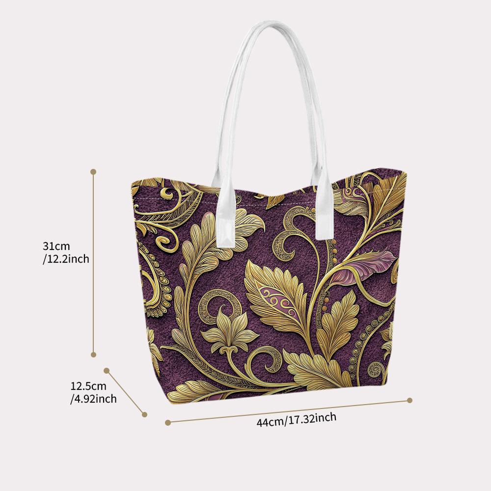 Purple Golden Floral Pattern Tote Bag with White Handles for Daily Commute Shopping Outing Carryall